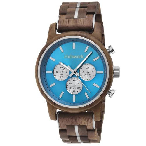 Holzwerk SOLTAU Herren Holz Uhr Chronograph in Walnuss braun, Hell blau, silber