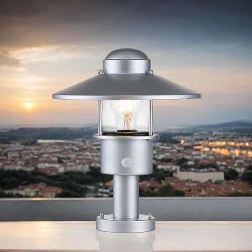 Sockelleuchte Bewegungsmelder Edelstahl Glas 33,7 cm hoch IP44 in Silber E27 rund Maritim Wegeleuchte
