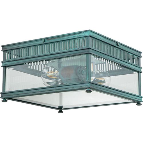 Deckenlampe außen Messing Glas 30 cm breit IP44 Grün Antik E27 2-flammig eckig Vintage Design