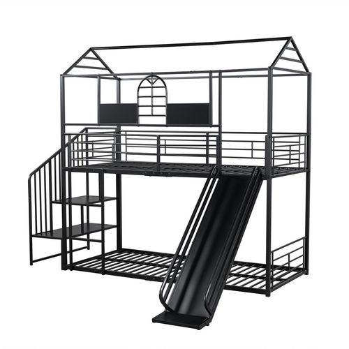 Eisenrahmenbett,Etagenbett(Schwarz)Kinderbett mit Dach und Fenster,Mit Rutsche und Seitenleiter,mit Seitenleiter,mit Fallschutzgitter