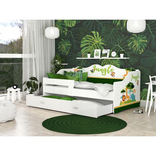 Kinderbett , N05- Weiß mit Jungle Motiv , 160x80 cm , mit Matratze