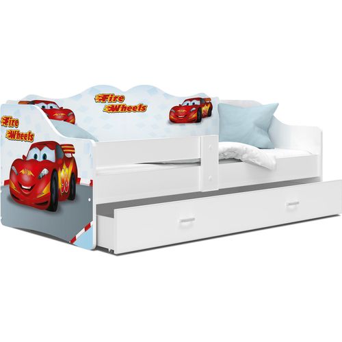 Kinderbett , N-180-4- Weiß mit Fire Wheels Motiv , 180x80 cm , mit Matratze