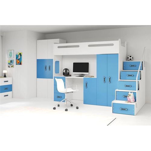 Hochbett Max IV, Jugendbett mit Schreibtisch, Kinderbett ,Weiß ,Rosa, Blau ,Grau 20 (mit Matratze, Weiß+Blau)