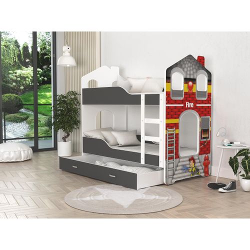 Hochbett, Kinderbett , Etagenbett DO-DO- Grau mit Feuerwehr Motiv , 190x80 cm , mit Matratze