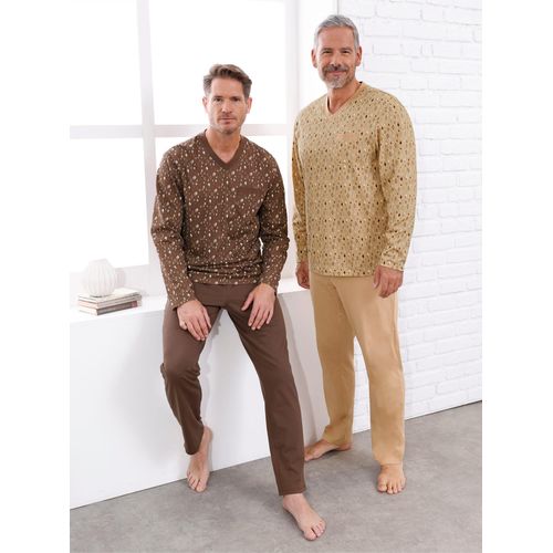 Schlafanzug KINGS CLUB, Herren, Gr. 52/54, braun (schoko, camel), 100% Baumwolle, Homewear-Sets