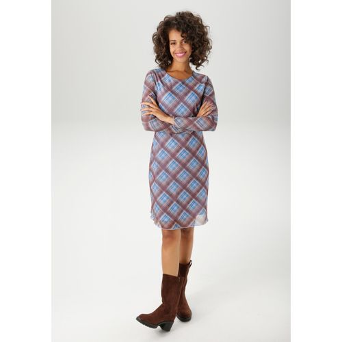 Minikleid ANISTON CASUAL, Damen, Gr. 34, N-Gr, dunkelbraun, braun, blau, hellblau, sand, Mesh, Obermaterial: 95% Polyester, 5% Elasthan. Futter: 100% Polyester, kariert, modisch, figurbetont kniefrei, Rundhals, Langarm Babylock, Kleider, im extravaganten Karo-Dessin - NEUE KOLLEKTION