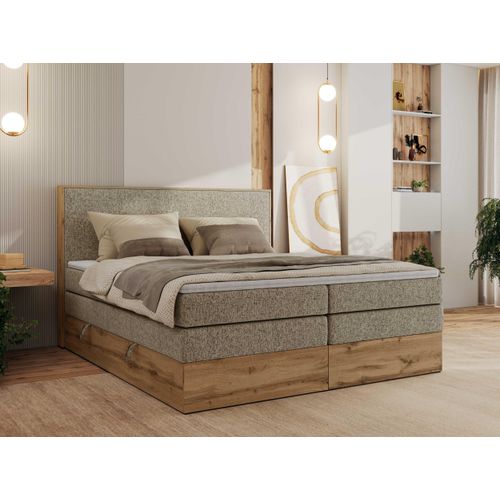 MKS MEBLE Boxspringbett WOOD CLASSIC KING, Doppelbett mit zwei Multipocket-Matratze und Toppper, hohe Kopfteil, Stauraum - 180 x 200 cm - H4 - Dunkelbeige Struktur