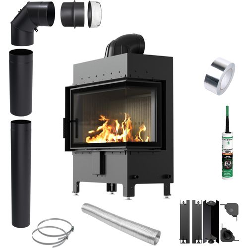 Kamin KRATKI LUCY Rechts 14 kW Ø200 SCHWARZ Montageset mit Schließung