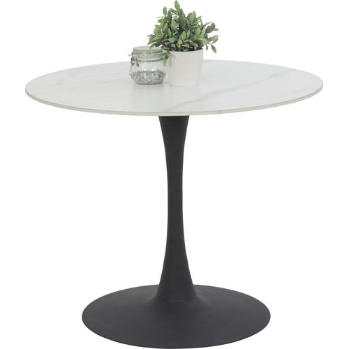 Runder Esstisch Paola - Tischplatte Sintered Stone Matt weiß marmoroptik - Trompetengestell Anthrazit - Ø 90x75cm