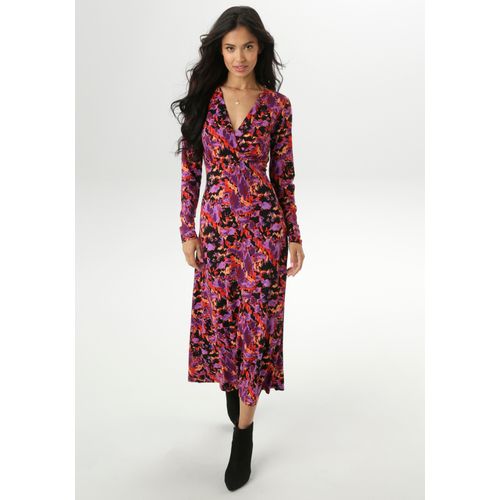 Maxikleid ANISTON SELECTED, Damen, Gr. 44, N-Gr, orange, rot, lila, schwarz, Single Jersey, Jersey, Obermaterial: 95% Viskose, 5% Elasthan, bedruckt, gemustert, feminin, figurumspielend knöchelfrei, V-Ausschnitt, Langarm, Kleider, mit V-Ausschnitt in Wickeloptik und Unterbrustnaht - NEUE KOLLEKTION