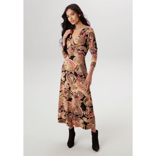 Midikleid ANISTON SELECTED, Damen, Gr. 38, N-Gr, beige, orange, braun, rosa, camel, schwarz, Single Jersey, Jersey, Obermaterial: 95% Viskose, 5% Elasthan, gemustert, bedruckt, feminin, figurumspielend wadenlang, V-Ausschnitt, Langarm, Kleider, mit V-Ausschnitt und Wickel-Optik - NEUE KOLLEKTION