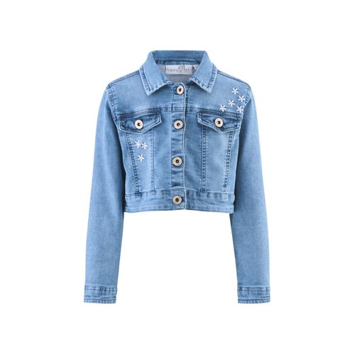 Jeansjacke HAPPY GIRLS, Mädchen, Gr. 128, blau (jeans blau), Denim/Jeans, Twill, Web, Obermaterial: 98% Baumwolle, 2% Elasthan, unifarben, casual, regular fit taillenbedeckt, Langarm 1-Knopf-Manschette mit Schlitz, Jacken, mit tollen Blütenstickereien