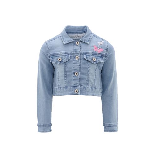 Jeansjacke HAPPY GIRLS, Mädchen, Gr. 146, blau (jeans blau), Denim/Jeans, Obermaterial: 95% Baumwolle, 5% Elasthan, bestickt, casual, regular fit taillenlang, Langarm 1-Knopf-Manschette mit Schlitz, Jacken, mit tollen Schmetterlings-Stickereien