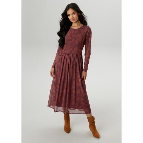 Midikleid ANISTON SELECTED, Damen, Gr. 42, N-Gr, ocker, cognac, Mesh, Obermaterial: 95% Polyester, 5% Elasthan. Futter: 100% Polyester, gemustert, bedruckt, modisch, figurumspielend wadenlang, Rundhals, Langarm, Kleider, mit floralem Blättermuster in warmen Brauntönen - NEUE KOLLEKTION