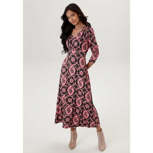 Midikleid ANISTON SELECTED, Damen, Gr. 38, N-Gr, rosa, olivgrün, gemustert, Single Jersey, Obermaterial: 95% Viskose, 5% Elasthan, bedruckt, geblümt, gemustert, modisch, figurumspielend, V-Ausschnitt, Langarm, Kleider, mit Smok-Details - NEUE KOLLEKTION