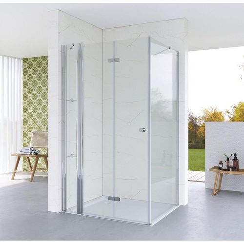 Duschkabine Eckeinstieg Duschabtrennung 120x90 cm Eckdusche mit Duschtür Falttür an Festteil und Seitenwand aus durchsichtigem 5 mm ESG Sicherheitsglas Höhe 187 cm