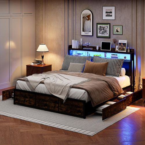 CDGlobal Polsterbett Metallbett 140x200cm mit 4 Schubladen, LED-Beleuchtung, Lagerregal, Doppelbett Bettgestell, Stabil Metallrahmen, Stauraumbetten, Jugendbett, PU, Schwarz