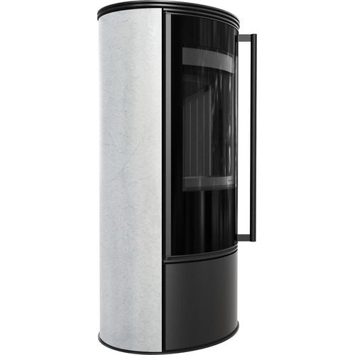Kaminofen aus Stahl KRATKI ERIK Ø 150 5,5 kW dekorative Keramiken WHITE NATURAL schwarz Verkleidung mit Türfeder