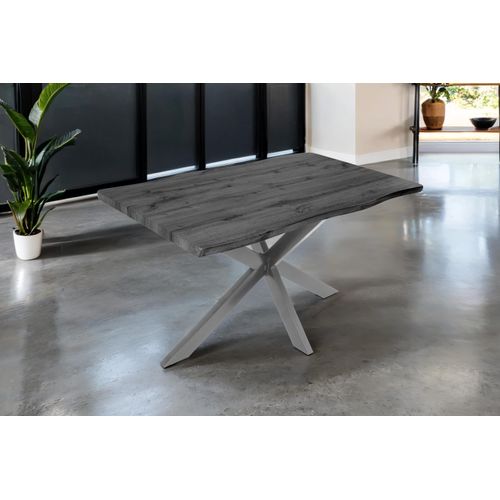 Esstisch 120x80 cm Baumkante Holz Grau-Optik Spider-Gestell Metall silber JOSY