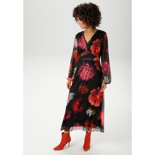 Maxikleid ANISTON CASUAL, Damen, Gr. 36, N-Gr, schwarz, rot, orange, bordeaux, apricot, lila, fuchsia, pink, wollweiß, gelb, hellgrün, hellblau, klahi, braun, Mesh, Obermaterial: 95% Polyester, 5% Elasthan. Futter: 100% Polyester, geblümt, bedruckt, feminin, figurumspielend knöchelfrei, V-Ausschnitt, Langarm elastischer Bund mit Gummizug, Kleider, mit farbenfrohen, großflächigen Blüten bedruckt -