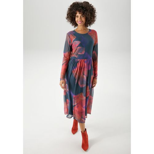 Midikleid ANISTON CASUAL, Damen, Gr. 38, N-Gr, petrol, rot, orange, lila, rosa, flieder, zimt, gelb, braun, Mesh, Obermaterial: 95% Polyester, 5% Elasthan. Futter: 100% Polyester, Batikmuster, geblümt, feminin, figurumspielend wadenlang, Rundhals, Langarm, Kleider, mit großflächigen Batik-Blüten bedruckt - NEUE KOLLEKTION