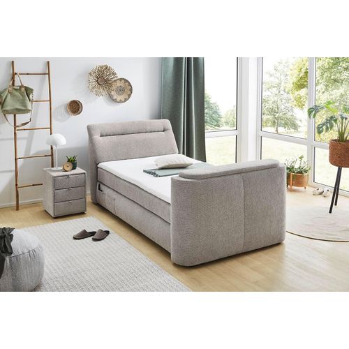 120x200 Boxspringbett inkl. TV-Halterung, KS-Topper und Bettkasten CURVE von Jockenhöfer / Chenille greige