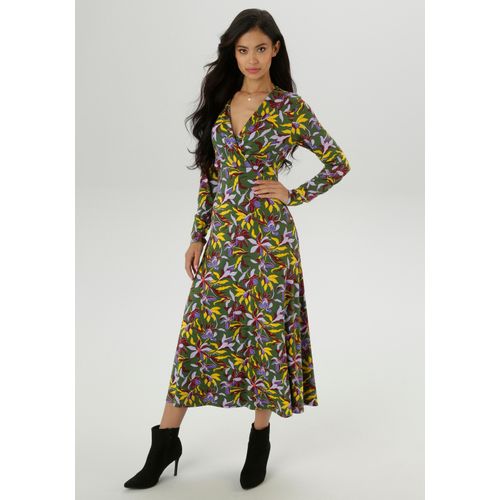 Maxikleid ANISTON SELECTED, Damen, Gr. 40, N-Gr, oliv, senf, flieder, lila, bordeaux, Single Jersey, Obermaterial: 95% Viskose, 5% Elasthan, geblümt, bedruckt, gemustert, feminin, figurumspielend knöchelfrei, V-Ausschnitt, Langarm, Kleider, mit V-Ausschnitt in Wickeloptik und Unterbrustnaht - NEUE KOLLEKTION