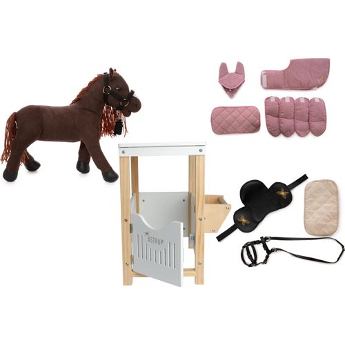By Astrup braunes Spielpferd Daisy 30 cm mit m rosa Zubehörset – Reitausrüstung und Stall für das Pferdchen.