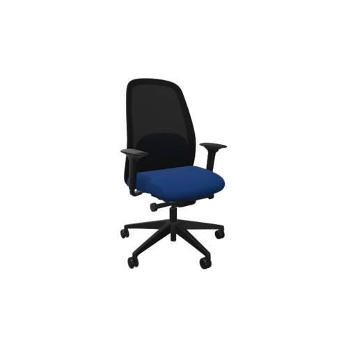 Bürostuhl Interstuhl HEJis3, Synchronmechanik, Armlehnen, FlexGrid-Lordosenstütze, Netzrücken, Flachsitz, mittelblau/schwarz