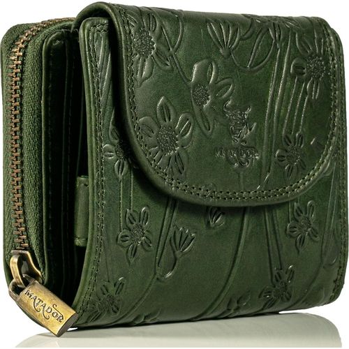 Damen Geldbörse | Echt Leder Portmonnaie | Frauen Brieftasche | er RFID Schutz | 14 Kartenfächer Damen Geldbörse Blumenprägung GRÜN