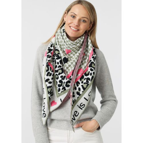 Dreieckstuch ZWILLINGSHERZ, Damen, grün (khaki), Feinstrick, Materialmix, Animalmuster, casual,modisch, Modetücher, mit Schriftzug und Leomuster