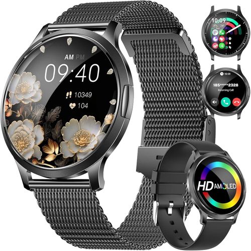 Amoled Kreisbogen Display,Damen Armbanduhr mit Pulsuhr/Menstruationszyklus/SpO2/Schlafmonitor,IP68 Wasserdicht Fitness Tracker