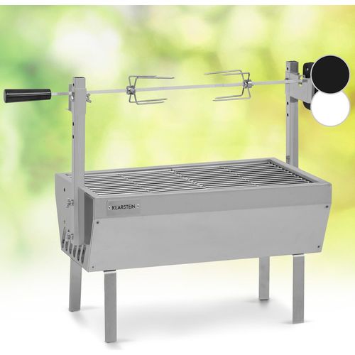 Klarstein 2-in-1 Rotisserie Grill mit Motor, Mini-Grill mit Drehspieß, Elektrischer Spießgrill für Hähnchen & Spanferkel, Grill mit Motor, Spieß Grill mit Edelstahl-Rost, Holzkohlegrill mit Rollen