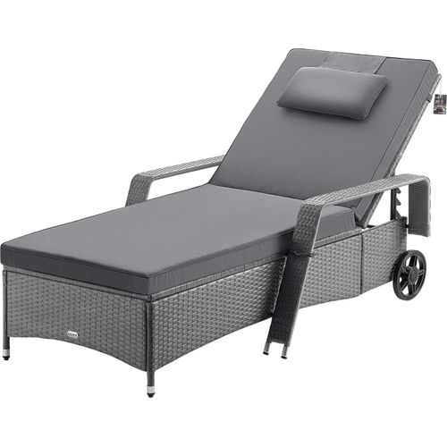 CASARIA® Sonnenliege mit Rollen Extra Breit 90cm 7cm Auflage Gartenliege Wetterfest 165kg Belastbar Grau Anthrazit Balkonmöbel Verstellbar Liegestuhl Terrasse