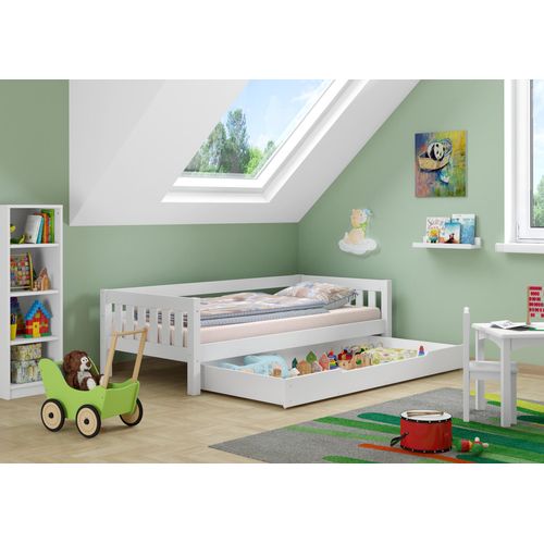 Gemütliches Kinderbett mit dreiseitiger Sicherung 90x200 cm Kiefer weiß V-60.29-09WRollrost und Bettkasten inkl.