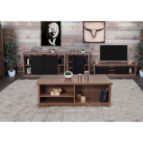 Wohnzimmerset aus TV-Rack, Sideboard, Kommode und Couchtisch HWC-K75, Schiebetür Staufächer, Industrial braun