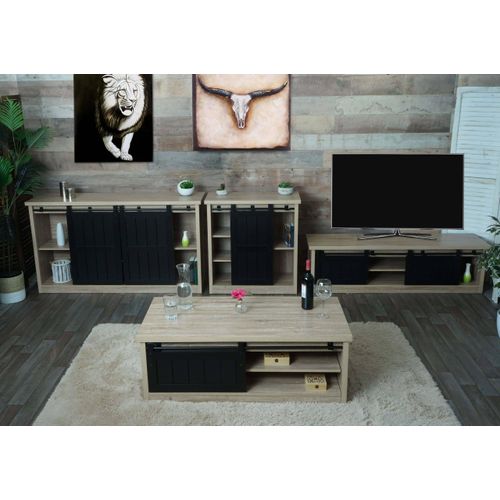 Wohnzimmerset aus TV-Rack, Sideboard, Kommode und Couchtisch HWC-K75, Schiebetür Staufächer, Industrial naturfarben