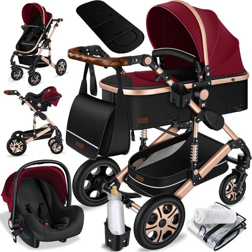 KESSER® Loops 3 in 1 Kinderwagen Kombikinderwagen Komplettset incl. Babywanne & Buggy Sportsitz & Auto-Babyschale - Voll-Gummireifen - Wickeltasche/Regenschutz/Kindertisch Set