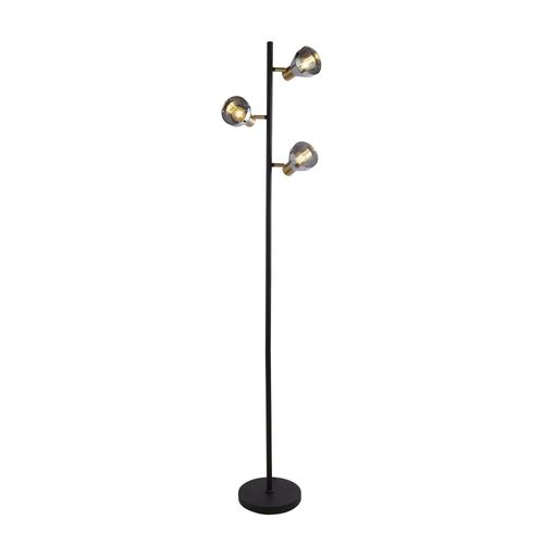 3Lt Floor Lamp, Black And Satin Brass With Smoked Glass