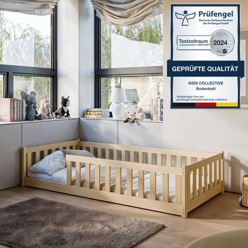 Kinderbett Bodenbett 80x160 cm Bett mit Rausfallschutz & Lattenrost Montessori Bett Bed Gitterbett Kinder Jugendbett Einzelbett optional mit Matratze | natur Kiefer Holz massiv Junge Mädchen