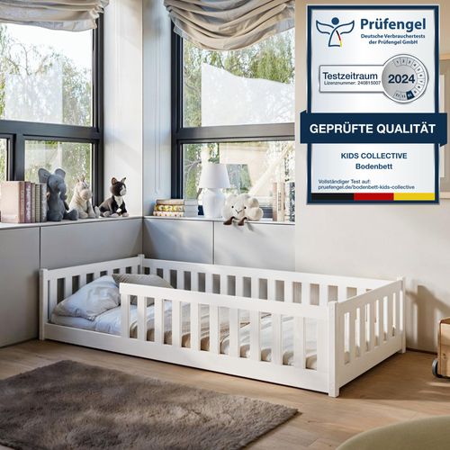 Kinderbett Bodenbett 90x200 cm mit Rausfallschutz & Lattenrost in weiß Mädchen Jungen Bett Jugendbett Einzelbett 90x200 cm von 4. bis 18. Lebensjahr