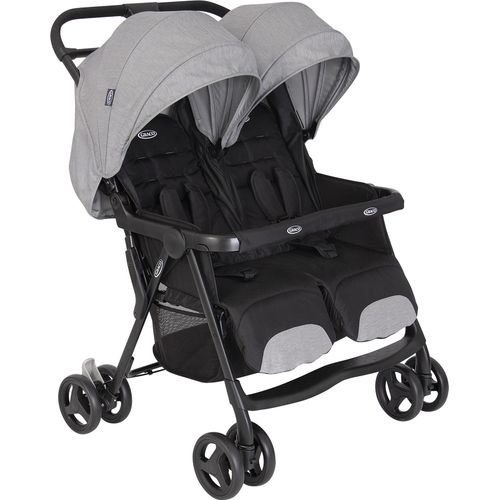 Graco DuoRider™ Doppel-Kinderwagen, Geschwisterwagen, ab Geburt bis ca. 3 Jahre (bis 15 kg), leicht, schnell zusammenklappbar, zusammengeklappt freistehend, großer Staukorb, inkl. Regenverdeck, grau, Steeple Gray
