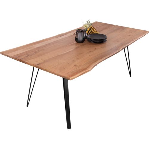 Esstisch Baumkante 240 x 100 cm Akazie massiv naturfarben Metallgestell Schwarz CELIA