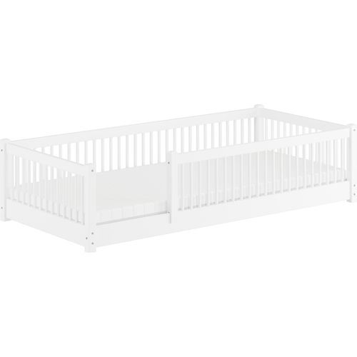 Kinderbett niedriges Bodenbett Kiefer weiß 80x180 Kleinkinder Laufstall ähnlich V-60.65W-08-180Rollrost und Matratze inkl.