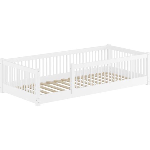 Kinderbett niedriges Bodenbett Kiefer weiß 80x180 Kleinkinder Laufstall ähnlich V-60.65W-08-180Rollrost inkl.