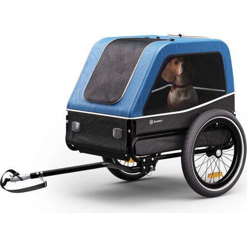 Klarfit Goldie S Fahrradanhänger Hunde, Zusammenklappbarer Hundefahrradanhänger mit Eingebauter Leine, Wasserabweisend, Doppelte Sicherheitsbefestigung, Reflektoren & Regenschutz, Max. 28kg, Blau
