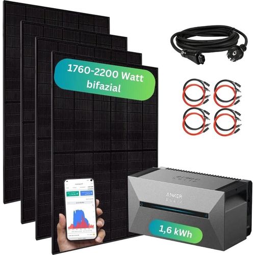 Balkonkraftwerk mit Speicher 1760+ Watt - inkl. Anker SOLIX Solarbank 2 Pro (1,6 kWh) Unterkonstruktion für Dachziegel