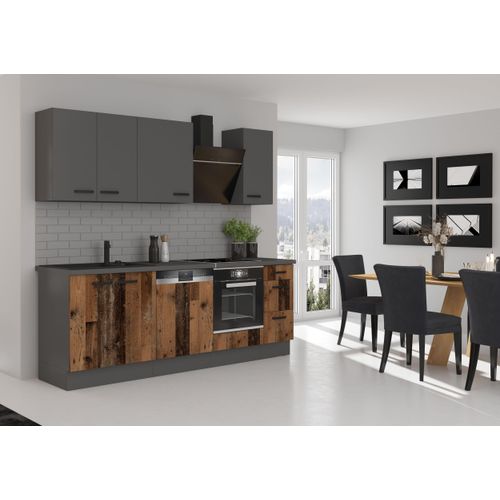 Küche OLD STYLE + NESSA Basic 240 cm Old Wood Optik Küchenzeile Küchenblock