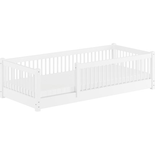 Kinderbett niedriges Bodenbett Kiefer weiß 90x200 Kleinkinder Laufstall ähnlich V-60.65W-09Rollrost und Matratze inkl.