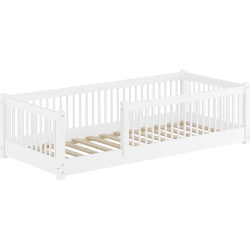 Kinderbett niedriges Bodenbett Kiefer weiß 90x200 Kleinkinder Laufstall ähnlich V-60.65W-09Rollrost inkl.